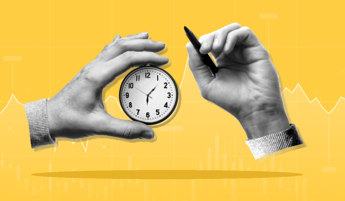 Two hands holding a clock and a pen overlaid on a graph, representing time analytics, attendance and workforce management software.